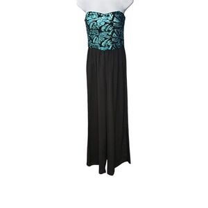 Love Reign Black Strapless Jumpsuit Teal Sequin Bodice Wide Leg M Whimsigoth‎